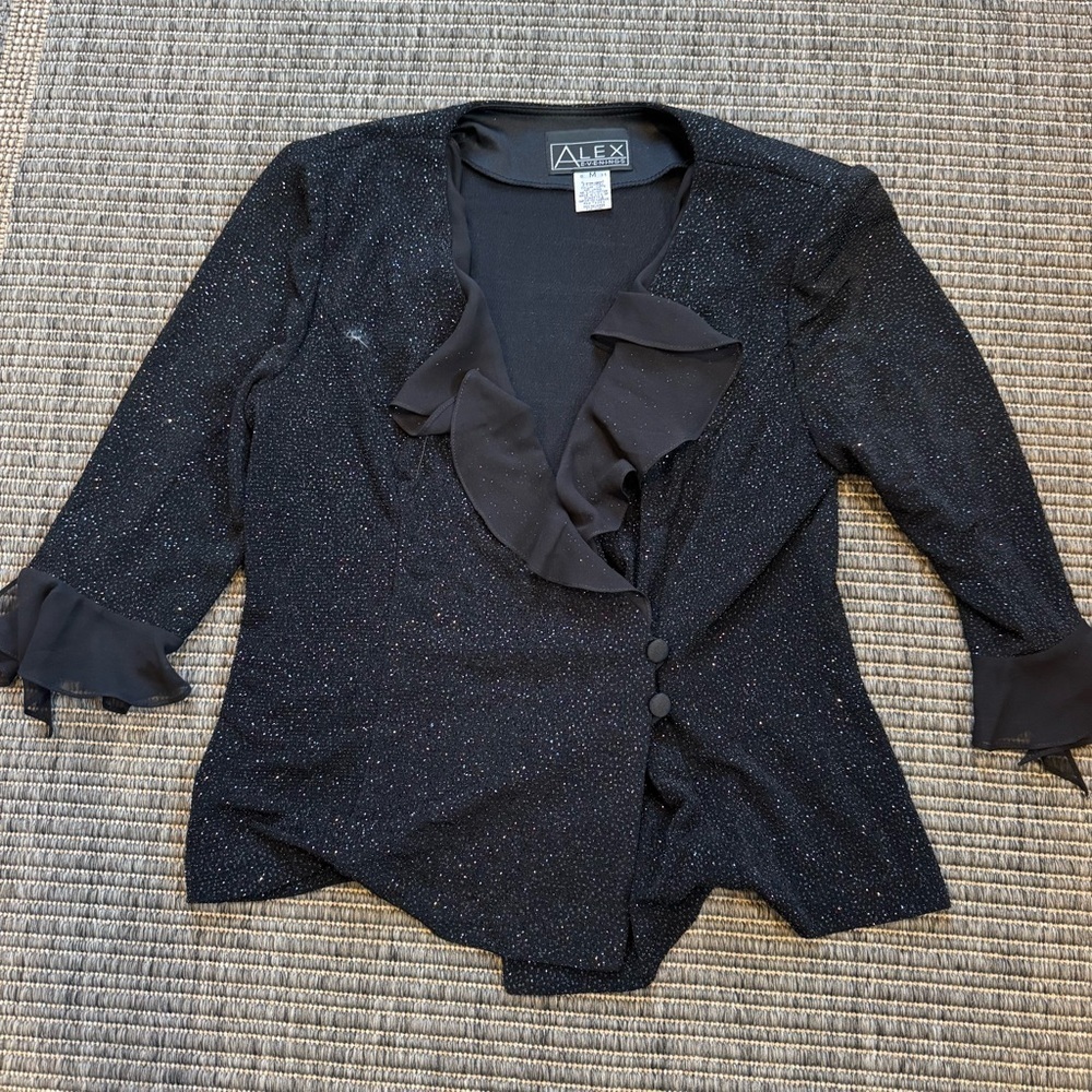 Alex Evenings Black Sparkle Ruffle Blazer